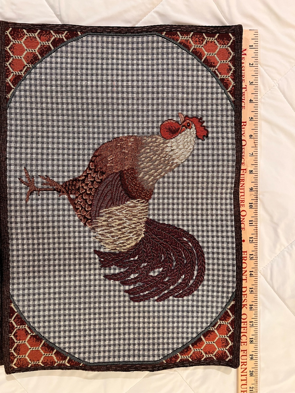5 Embroidered Rooster Placemats in Brown, Cream, and Red